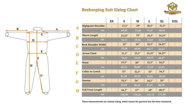 Ventilated Beekeeping Suit Size Chart