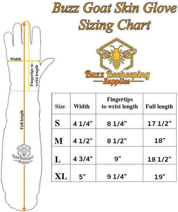 Goatskin Beekeeping Gloves Front Size Chart